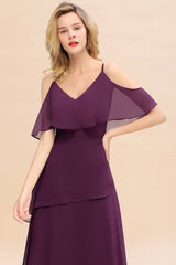 Chic Cold-Shoulder Layers Grape Chiffon Bridesmaid Dress Affordable-Babyonlines