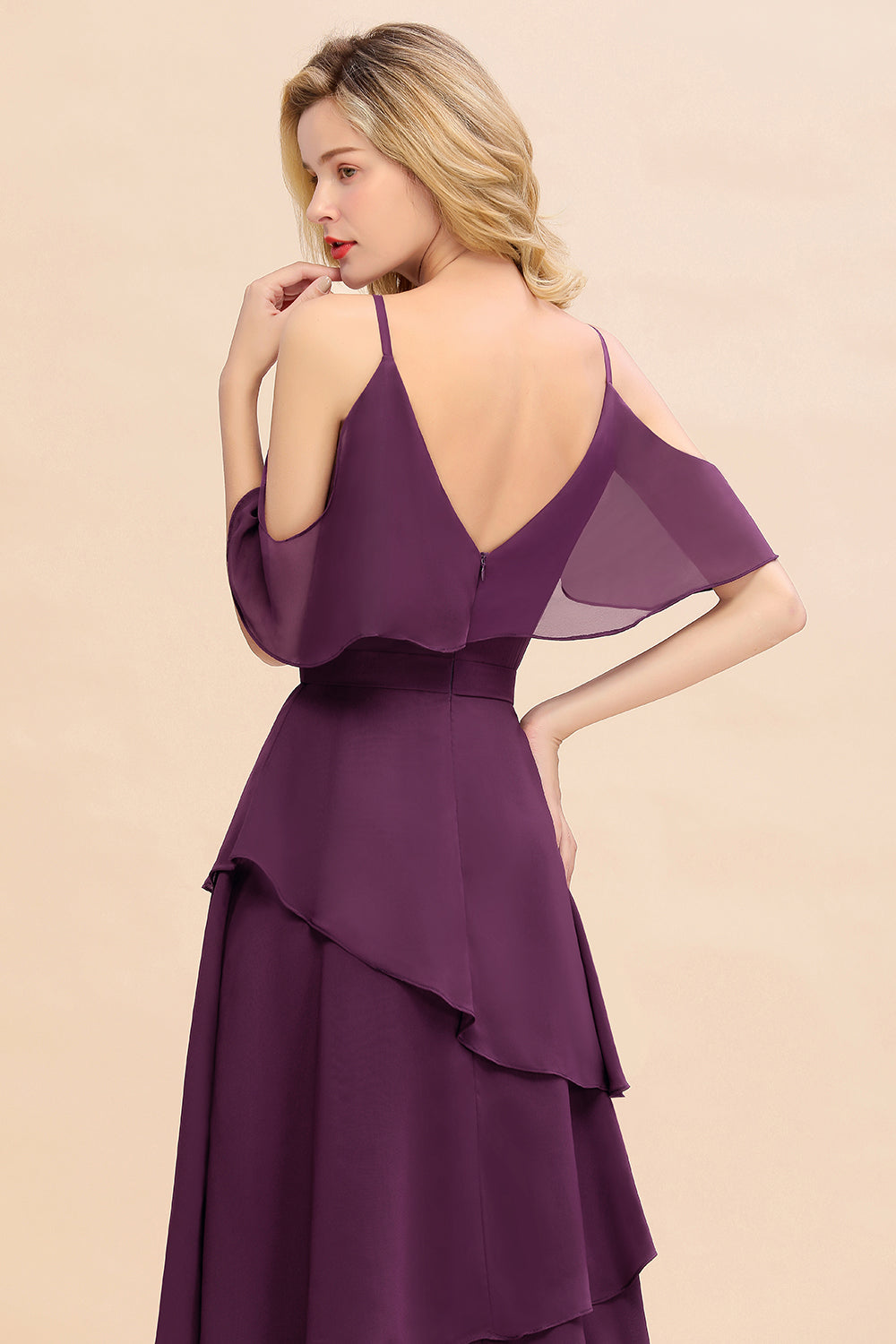 Chic Cold-Shoulder Layers Grape Chiffon Bridesmaid Dress Affordable-Babyonlines