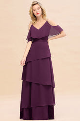 Chic Cold-Shoulder Layers Grape Chiffon Bridesmaid Dress Affordable-Babyonlines