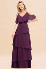 Chic Cold-Shoulder Layers Grape Chiffon Bridesmaid Dress Affordable-Babyonlines