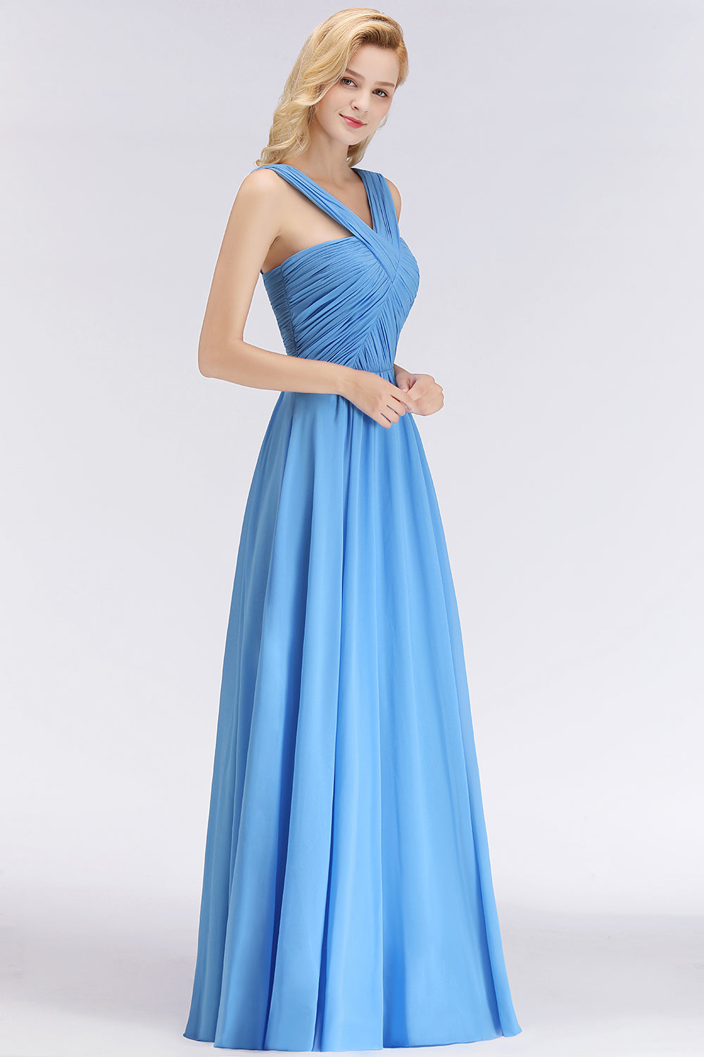 Chic Crisscross Ocean Blue Junior Bridesmaid Dresses Affordable Chiffon Ruffle Maid of Honor Dresses-Babyonlines