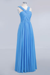 Chic Crisscross Ocean Blue Junior Bridesmaid Dresses Affordable Chiffon Ruffle Maid of Honor Dresses-Babyonlines