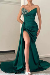 Chic V Neck Dark Green Mermaid Long Prom Dress with Beading, Split and Ruffles
