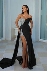 Chic Dark Green One Shoulder Sweetheart Mermaid Prom Dress with Beading and Split