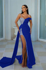 Chic Dark Green One Shoulder Sweetheart Mermaid Prom Dress with Beading and Split