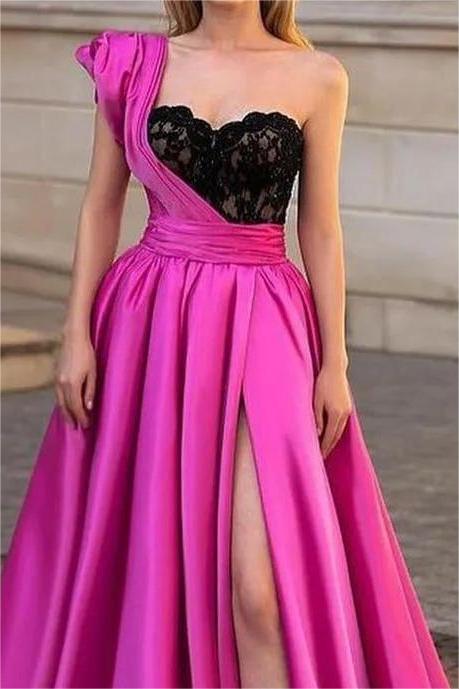 Chic Fuchsia One Shoulder Sweetheart A-Line Prom Dress with Split