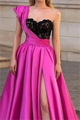 Chic Fuchsia One Shoulder Sweetheart A-Line Prom Dress with Split