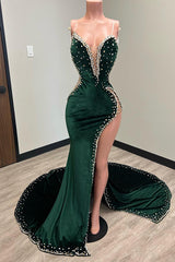 Chic V Neck Mermaid Prom Dress with Beading Split Appliques