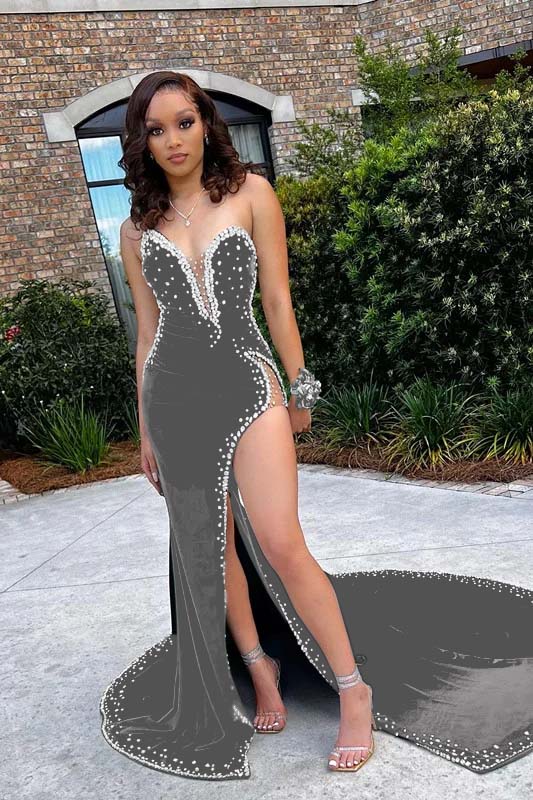 Chic V Neck Mermaid Prom Dress with Beading Split Appliques