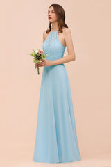 Chic Halter Sleeveless Affordable Sky Blue Bridesmaid Dress with Lace-Babyonlines