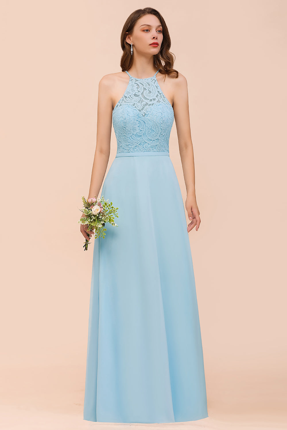 Chic Halter Sleeveless Affordable Sky Blue Bridesmaid Dress with Lace-Babyonlines