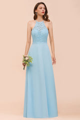 Chic Halter Sleeveless Affordable Sky Blue Bridesmaid Dress with Lace-Babyonlines