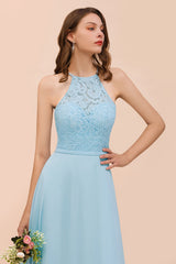 Chic Halter Sleeveless Affordable Sky Blue Bridesmaid Dress with Lace-Babyonlines