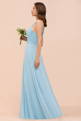 Chic Halter Sleeveless Affordable Sky Blue Bridesmaid Dress with Lace-Babyonlines
