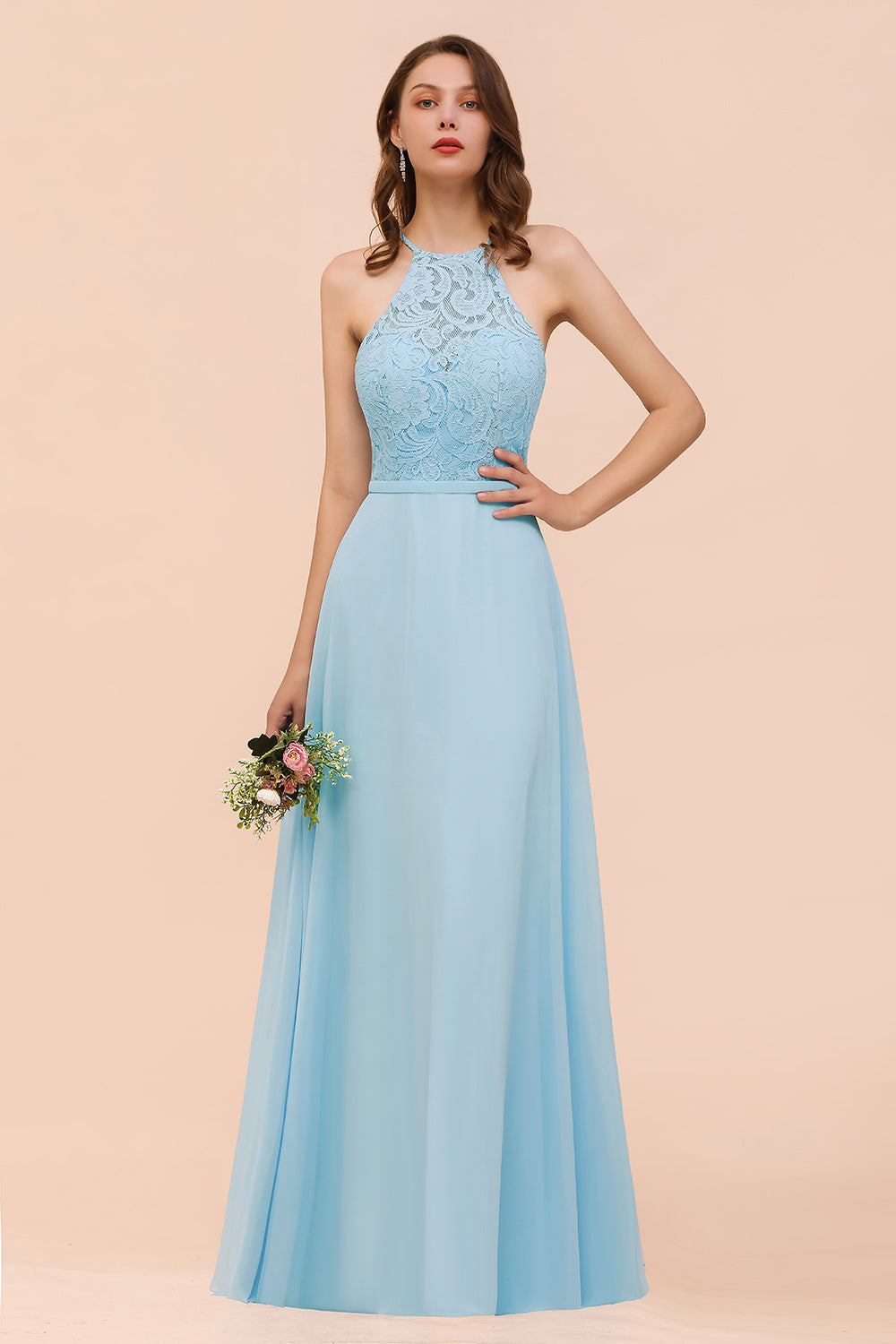 Chic Halter Sleeveless Affordable Sky Blue Bridesmaid Dress with Lace-Babyonlines