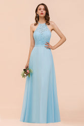 Chic Halter Sleeveless Affordable Sky Blue Bridesmaid Dress with Lace-Babyonlines