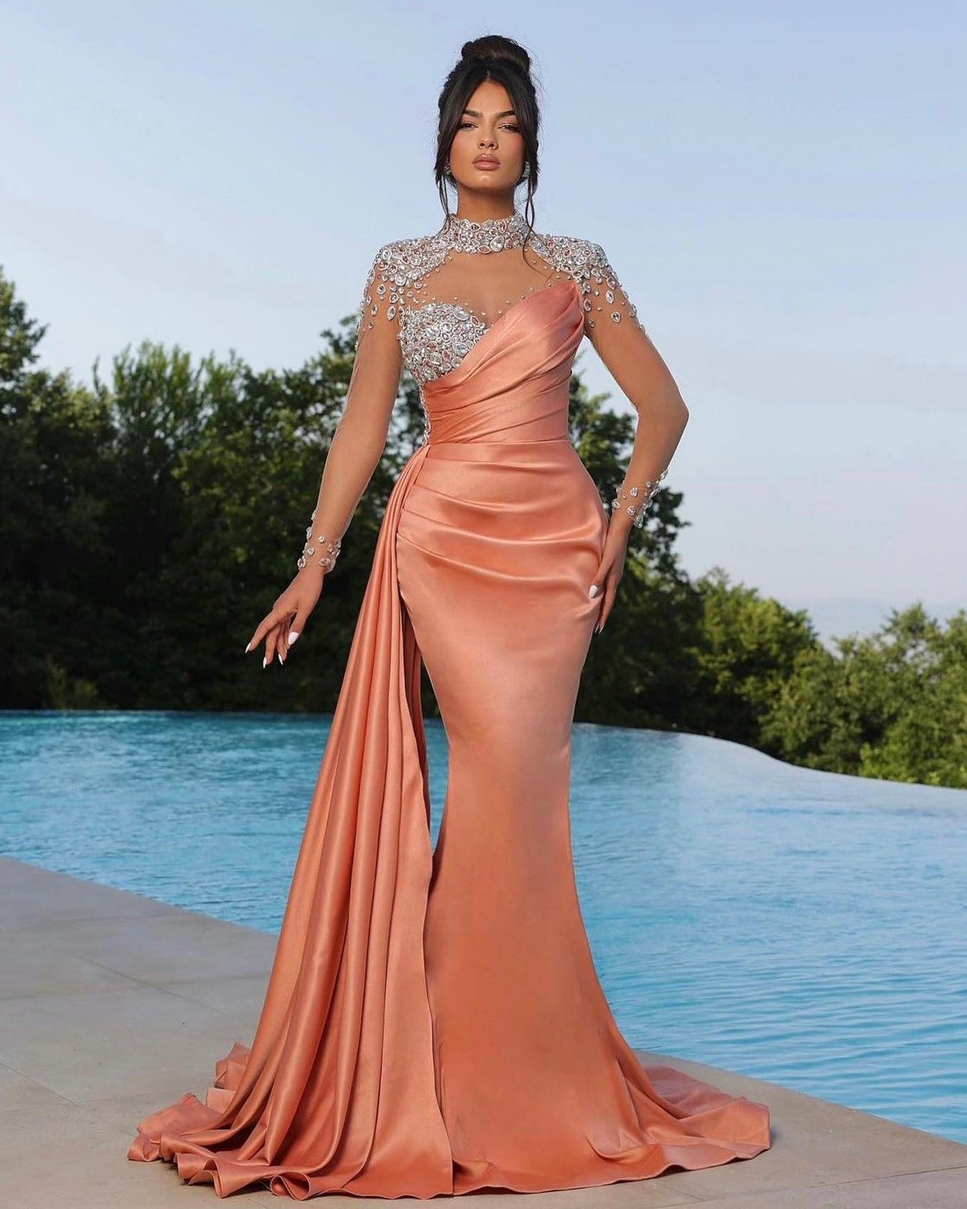 Chic High Neck Long Sleeve Satin Mermaid Prom Dress with Ruffles and Beading