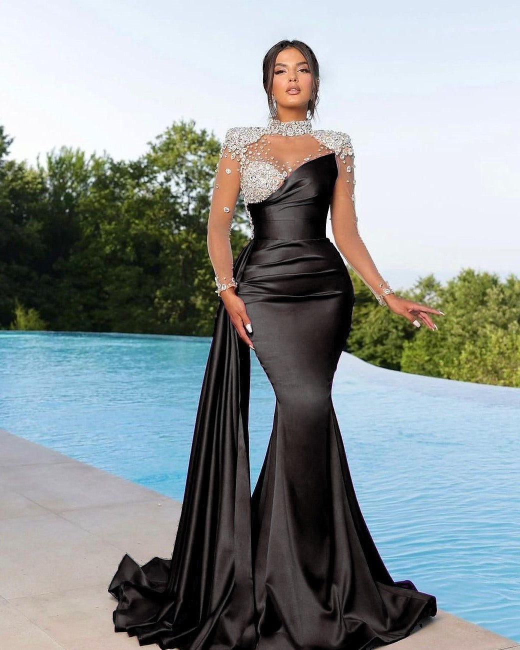 Chic High Neck Long Sleeve Satin Mermaid Prom Dress with Ruffles and Beading