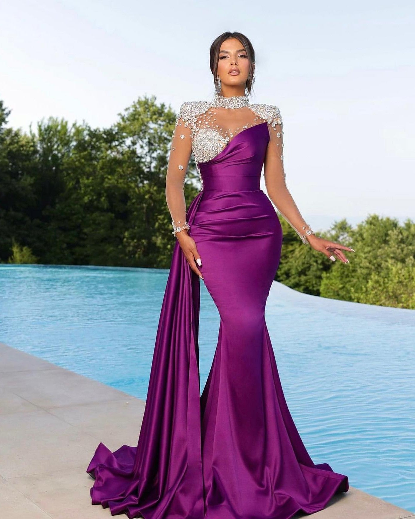 Chic High Neck Long Sleeve Satin Mermaid Prom Dress with Ruffles and Beading