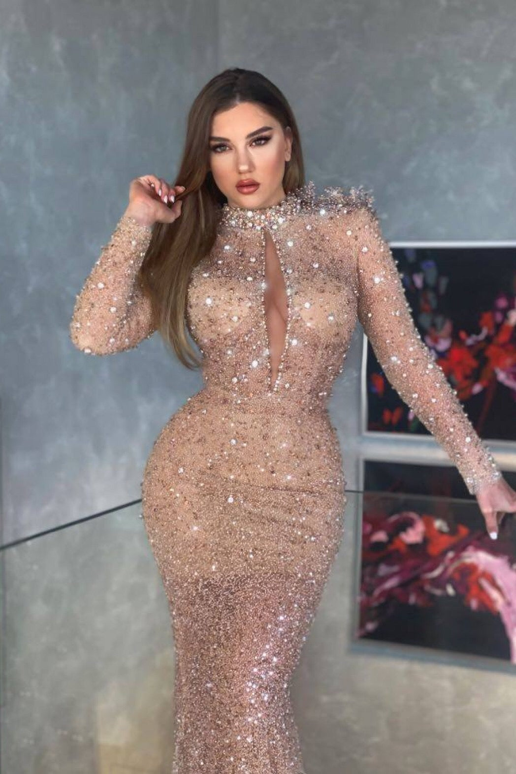 Chic High Neck Long Sleeve Mermaid Long Prom Dress with Sequins and Pleats