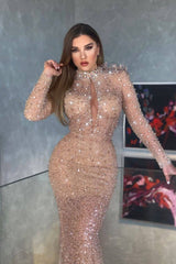 Chic High Neck Long Sleeve Mermaid Long Prom Dress with Sequins and Pleats