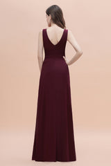 Chic Jewel Cabernet Chiffon Ruffles Bridesmaid Dress with Slit On Sale-Babyonlines