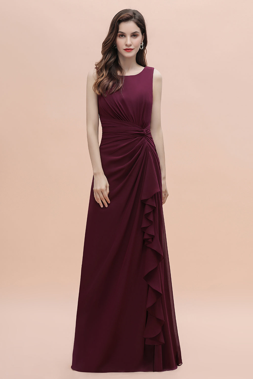 Chic Jewel Cabernet Chiffon Ruffles Bridesmaid Dress with Slit On Sale-Babyonlines