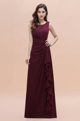 Chic Jewel Cabernet Chiffon Ruffles Bridesmaid Dress with Slit On Sale-Babyonlines