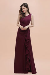 Chic Jewel Cabernet Chiffon Ruffles Bridesmaid Dress with Slit On Sale-Babyonlines