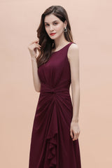 Chic Jewel Cabernet Chiffon Ruffles Bridesmaid Dress with Slit On Sale-Babyonlines