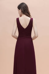 Chic Jewel Cabernet Chiffon Ruffles Bridesmaid Dress with Slit On Sale-Babyonlines