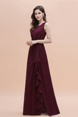 Chic Jewel Cabernet Chiffon Ruffles Bridesmaid Dress with Slit On Sale-Babyonlines