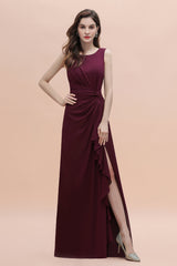 Chic Jewel Cabernet Chiffon Ruffles Bridesmaid Dress with Slit On Sale-Babyonlines