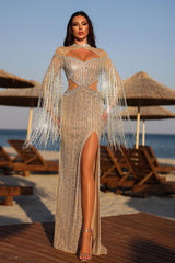 Chic Jewel Neck Long Sleeve Prom Dress with Beading, High Split and Tassel