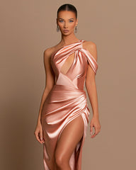 Chic Lotus Root Pink Sleeveless Strapless Evening Dress with Pleated Slit