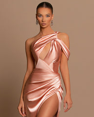 Chic Lotus Root Pink Sleeveless Strapless Evening Dress with Pleated Slit