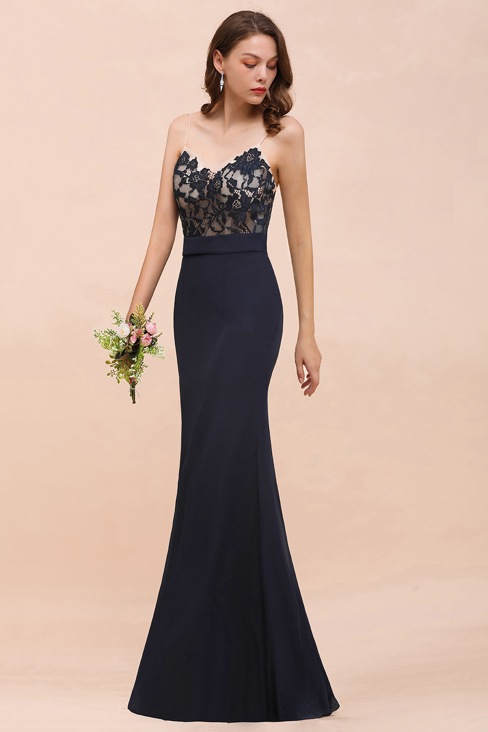 Chic Mermaid Chiffon Lace Affordable Bridesmaid Dress with Spaghetti Straps-Babyonlines