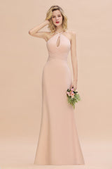 Chic Mermaid Keyhole Pink Chiffon Long Bridesmaid Dress Affordable with Ruffle-Babyonlines