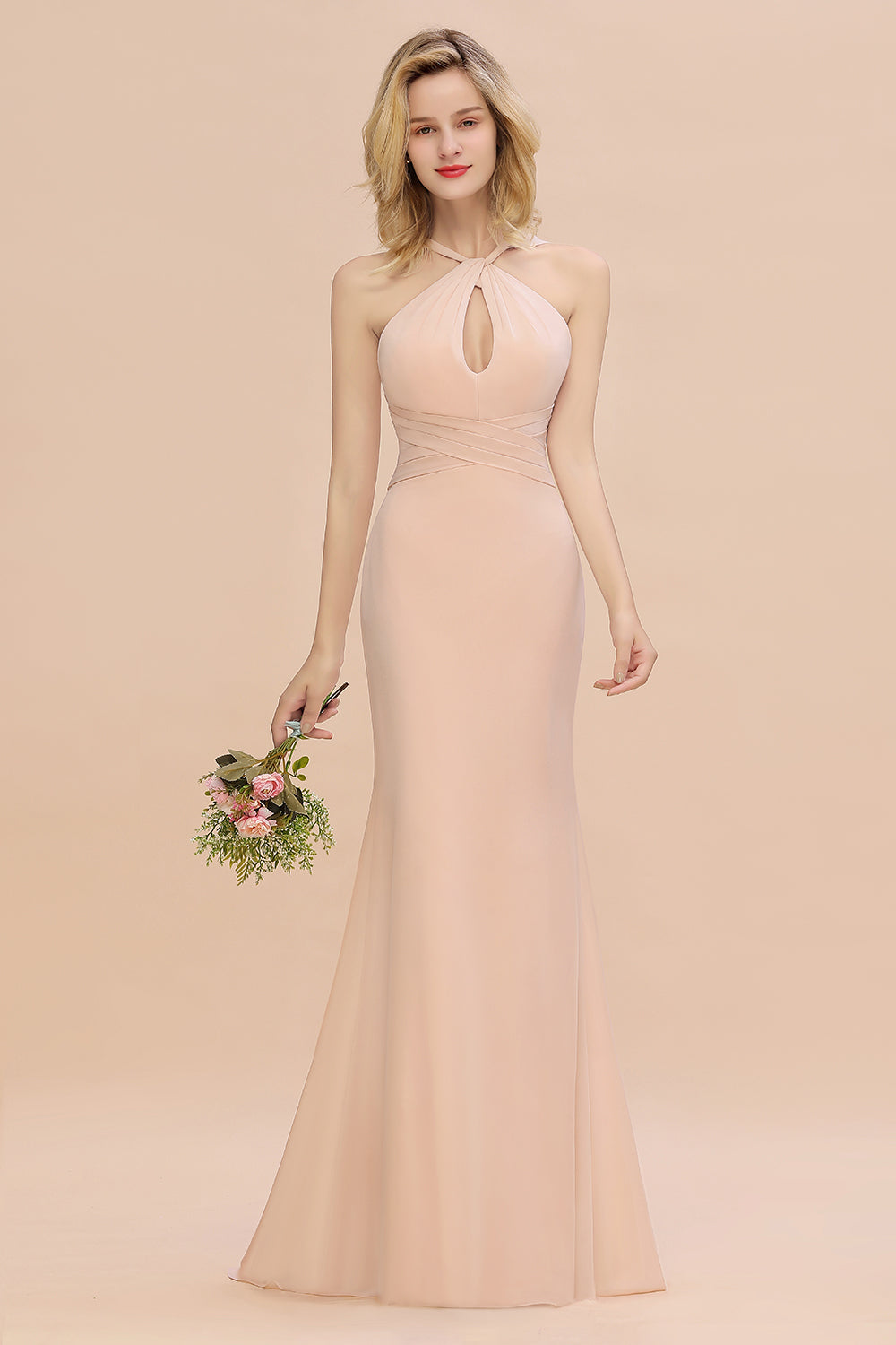 Chic Mermaid Keyhole Pink Chiffon Long Bridesmaid Dress Affordable with Ruffle-Babyonlines