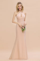 Chic Mermaid Keyhole Pink Chiffon Long Bridesmaid Dress Affordable with Ruffle-Babyonlines