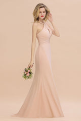 Chic Mermaid Keyhole Pink Chiffon Long Bridesmaid Dress Affordable with Ruffle-Babyonlines