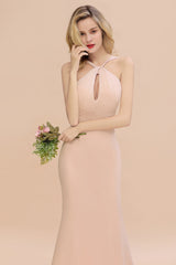 Chic Mermaid Keyhole Pink Chiffon Long Bridesmaid Dress Affordable with Ruffle-Babyonlines