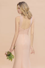 Chic Mermaid Keyhole Pink Chiffon Long Bridesmaid Dress Affordable with Ruffle-Babyonlines
