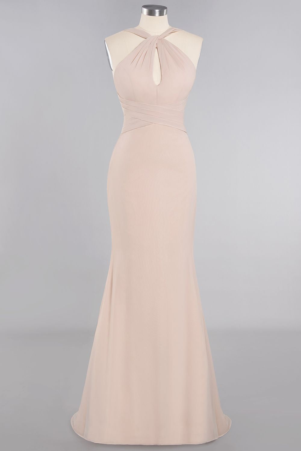 Chic Mermaid Keyhole Pink Chiffon Long Bridesmaid Dress Affordable with Ruffle-Babyonlines