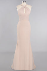 Chic Mermaid Keyhole Pink Chiffon Long Bridesmaid Dress Affordable with Ruffle-Babyonlines
