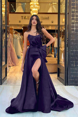 Chic Navy Blue Strapless Long Prom Dress with Split and Bowknot