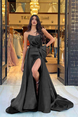 Chic Navy Blue Strapless Long Prom Dress with Split and Bowknot