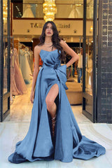Chic Navy Blue Strapless Long Prom Dress with Split and Bowknot