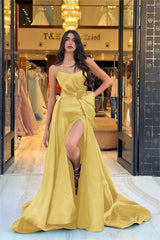 Chic Navy Blue Strapless Long Prom Dress with Split and Bowknot
