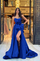 Chic Navy Blue Strapless Long Prom Dress with Split and Bowknot